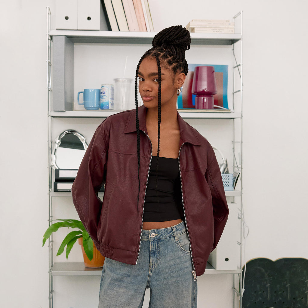 Women Bomber Faux Leather oversize Jacket