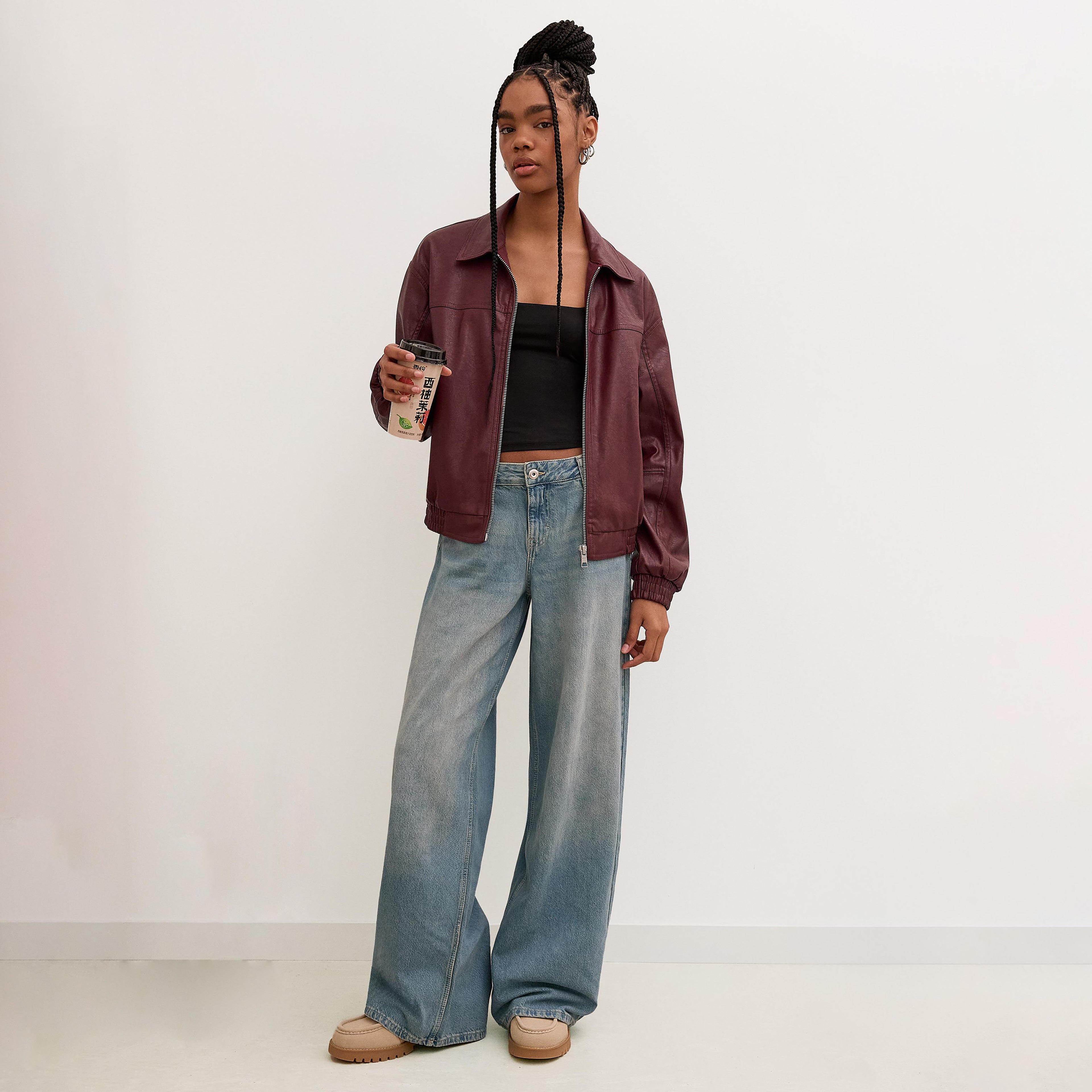 Women Bomber Faux Leather oversize Jacket