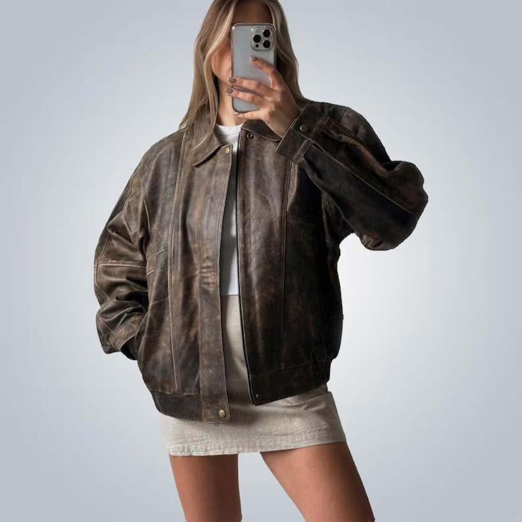 Women's 1980s Retro Distressed Brown Oversized Loose Fit Leather Jacket