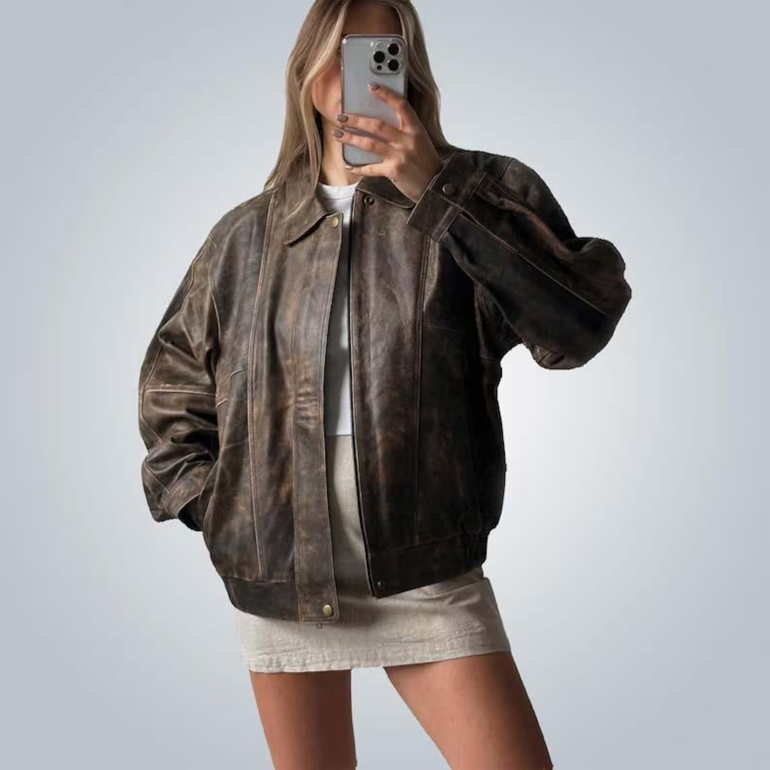 Women's 1980s Retro Distressed Brown Oversized Loose Fit Leather Jacket