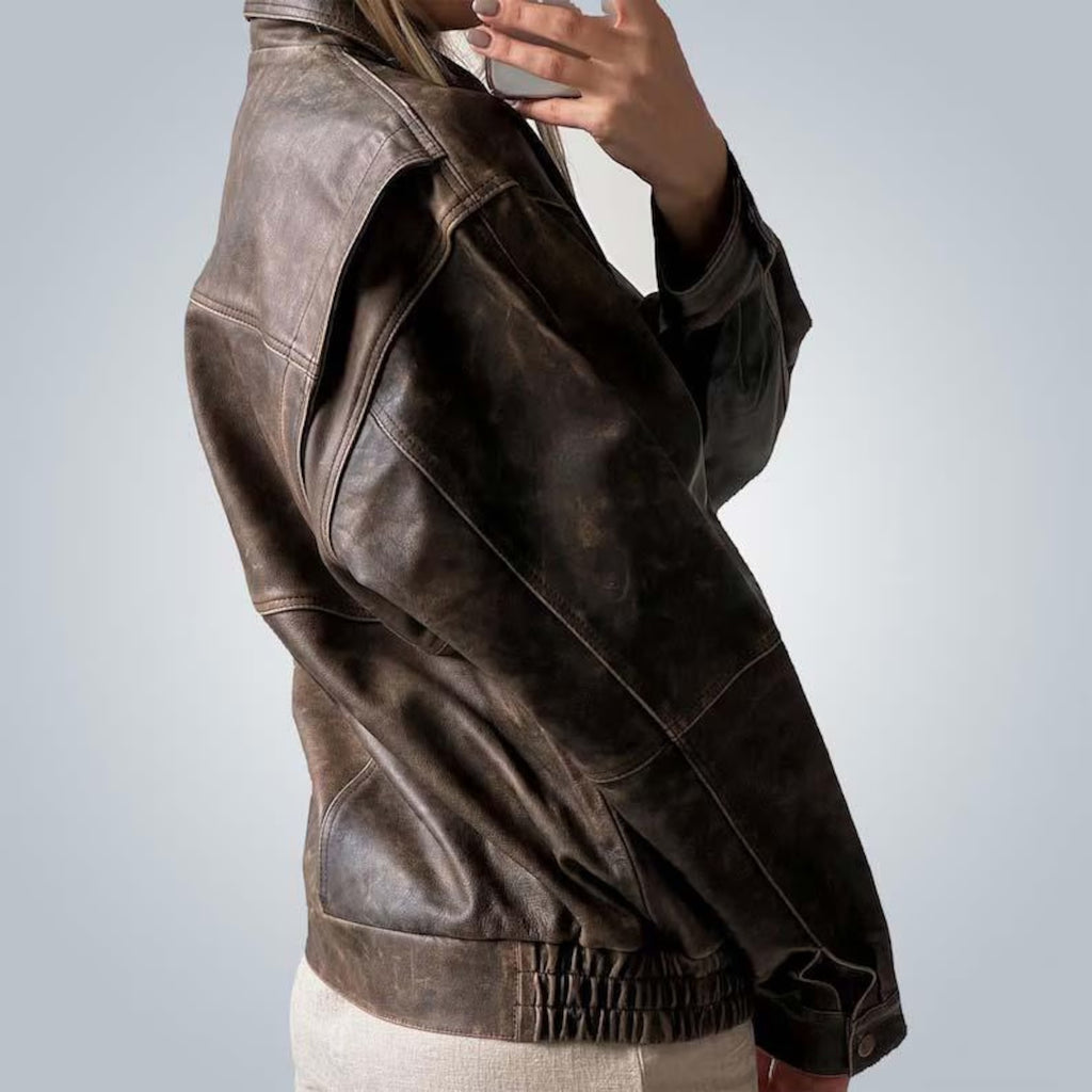 Women's 1980s Retro Distressed Brown Oversized Loose Fit Leather Jacket