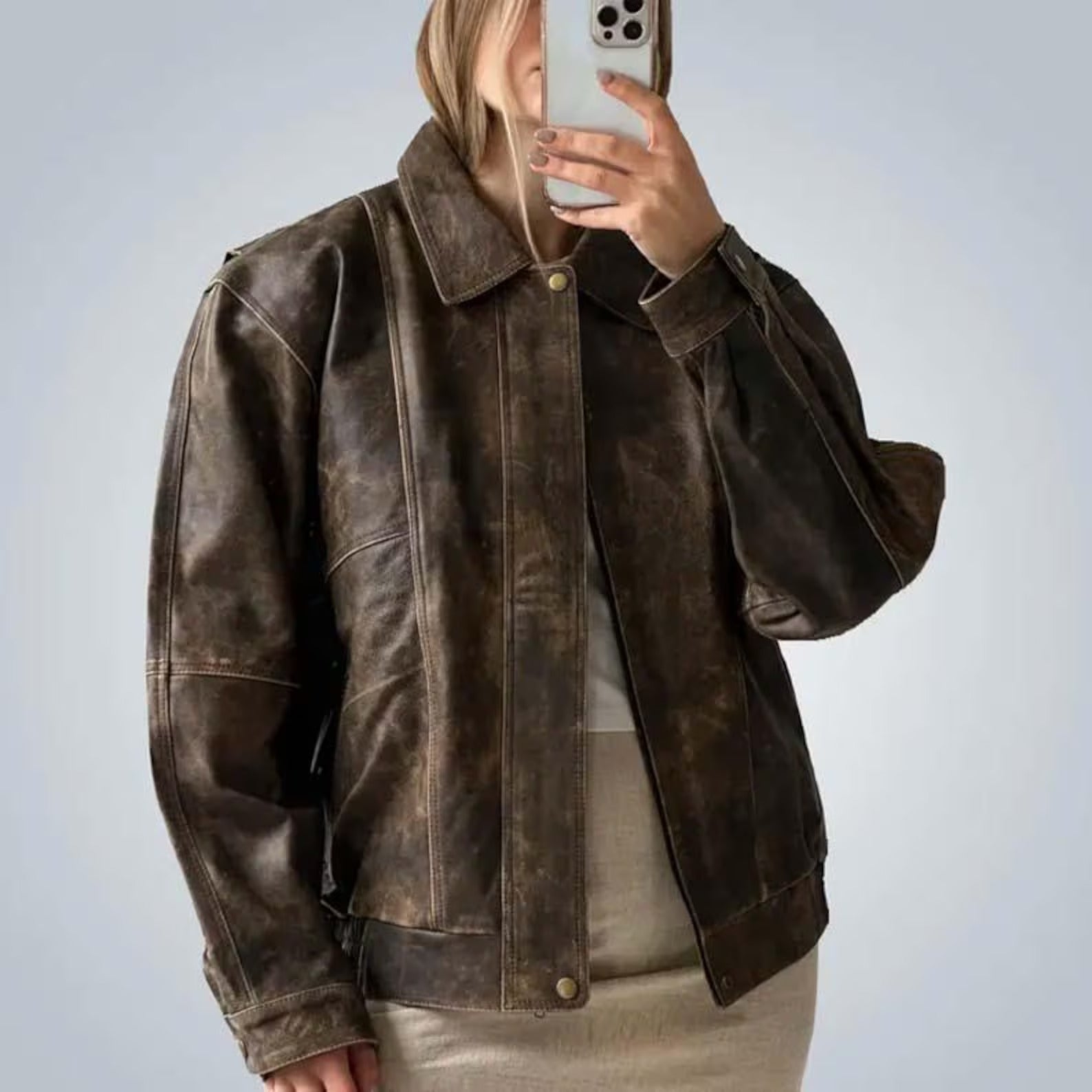 Women's 1980s Retro Distressed Brown Oversized Loose Fit Leather Jacket