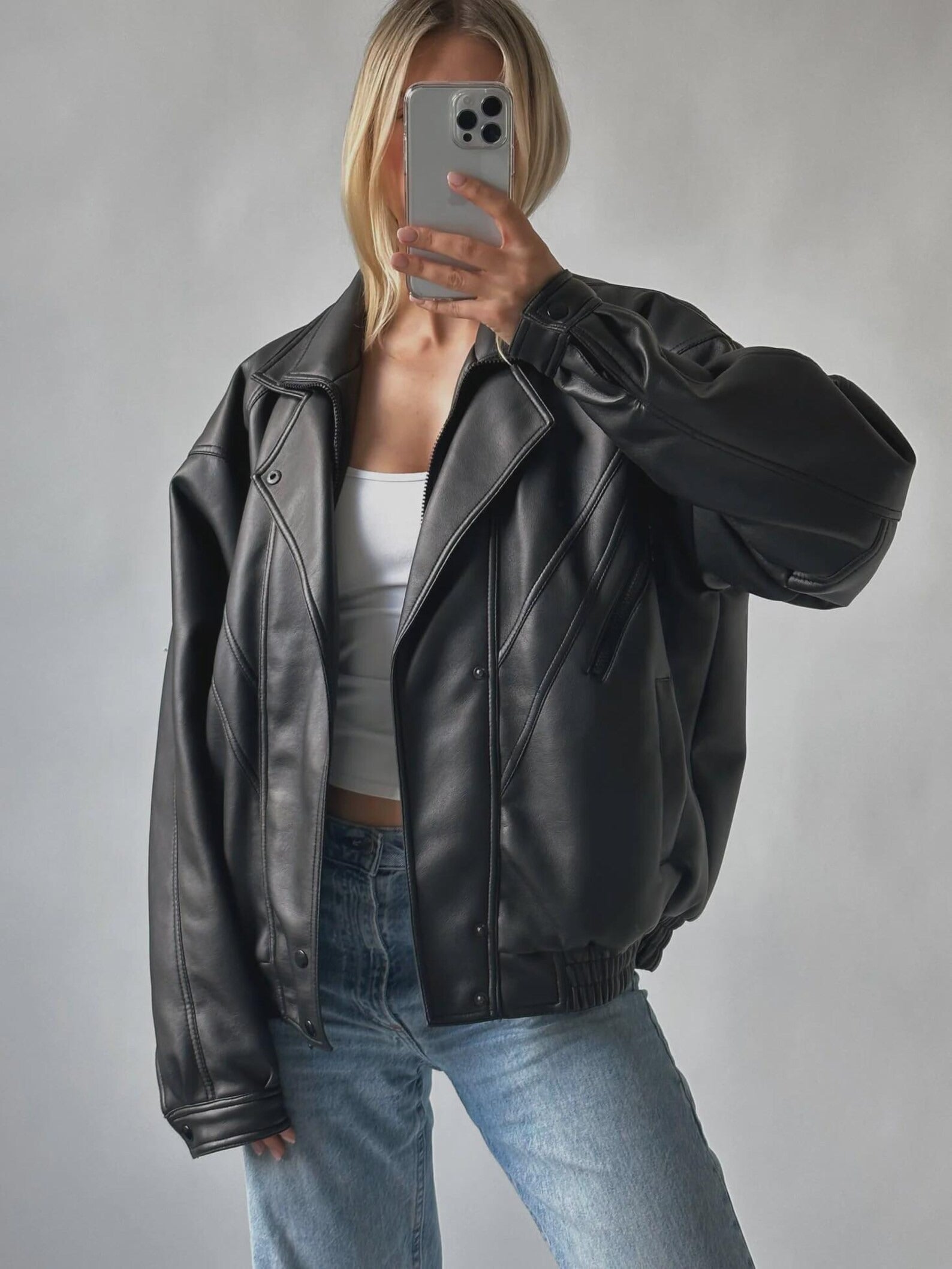 Women's 80s Retro Black Oversized Straight Cut Sheepskin Leather Jacket