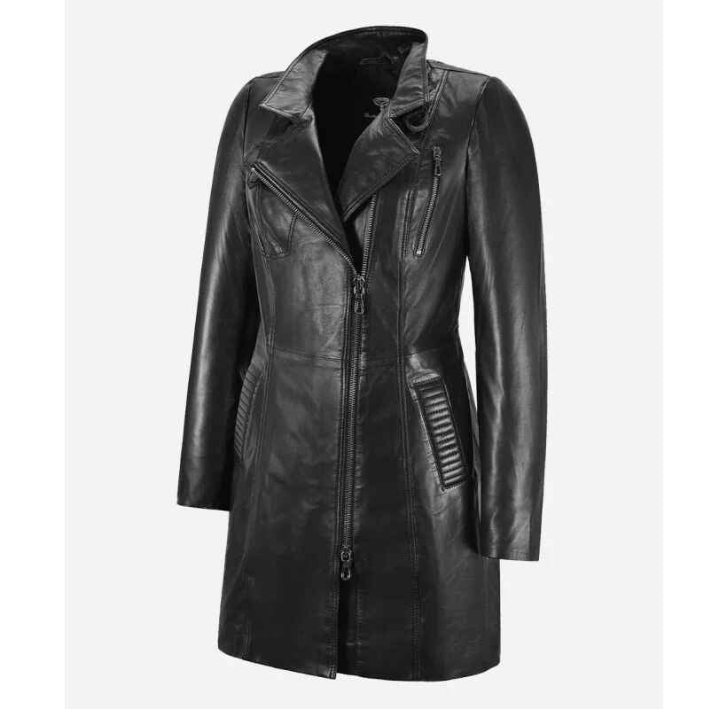 Women's Aylin 3/4 Length Lapel Collared Short Trench Leather Coat