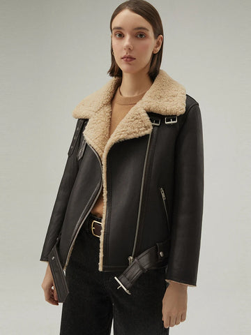 Damen B-3 Lederjacke mit Gürtel aus Pelz und Lammfell 