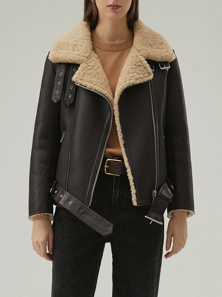 Damen B-3 Lederjacke mit Gürtel aus Pelz und Lammfell 