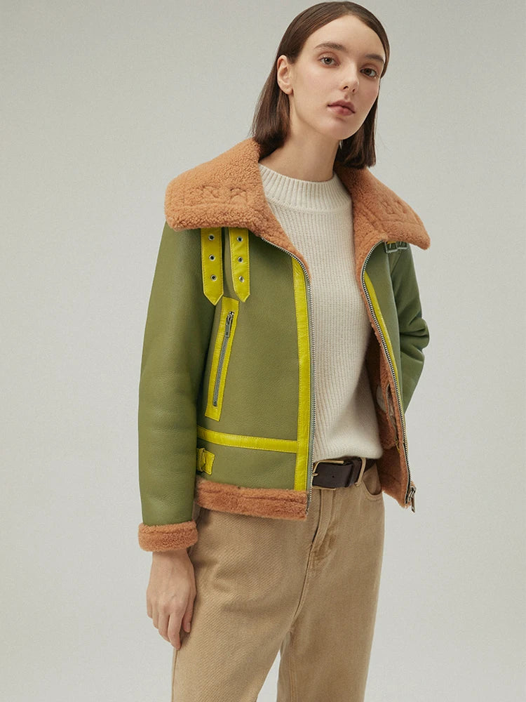 Women's B-3 Bomber Fur & Shearling Jacket Green
