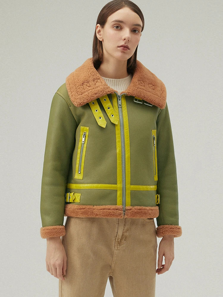 Women's B-3 Bomber Fur & Shearling Jacket Green