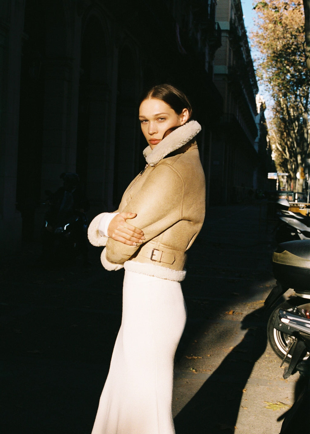 Women's Beige Leather-Effect Fur Shearling Jacket