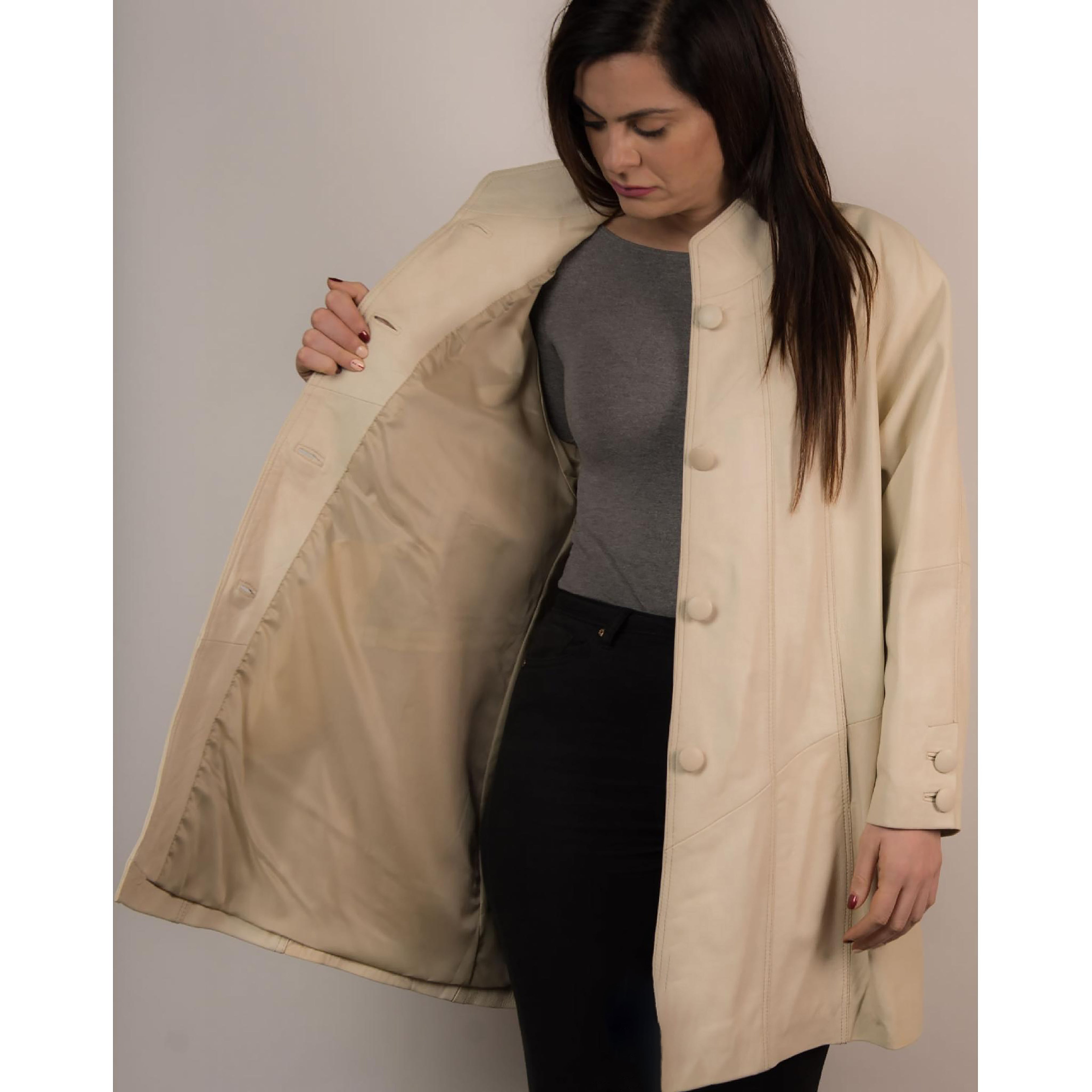 Women's Beige Leather Swing Coat