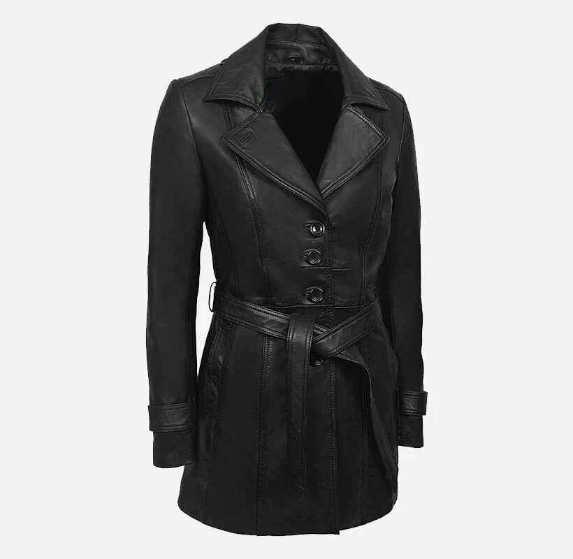Women's BellaForma Tie Belted Slim Fit Leather Trench Coat