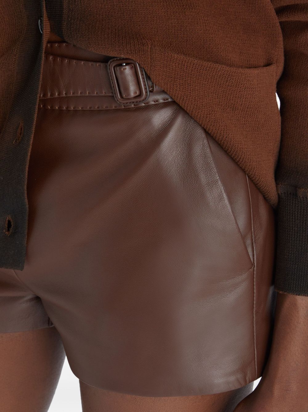 Women's Belted Waist Brown Leather Shorts