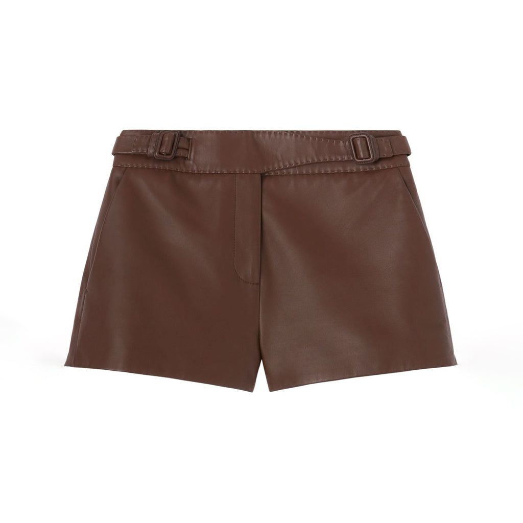 Women's Belted Waist Brown Leather Shorts
