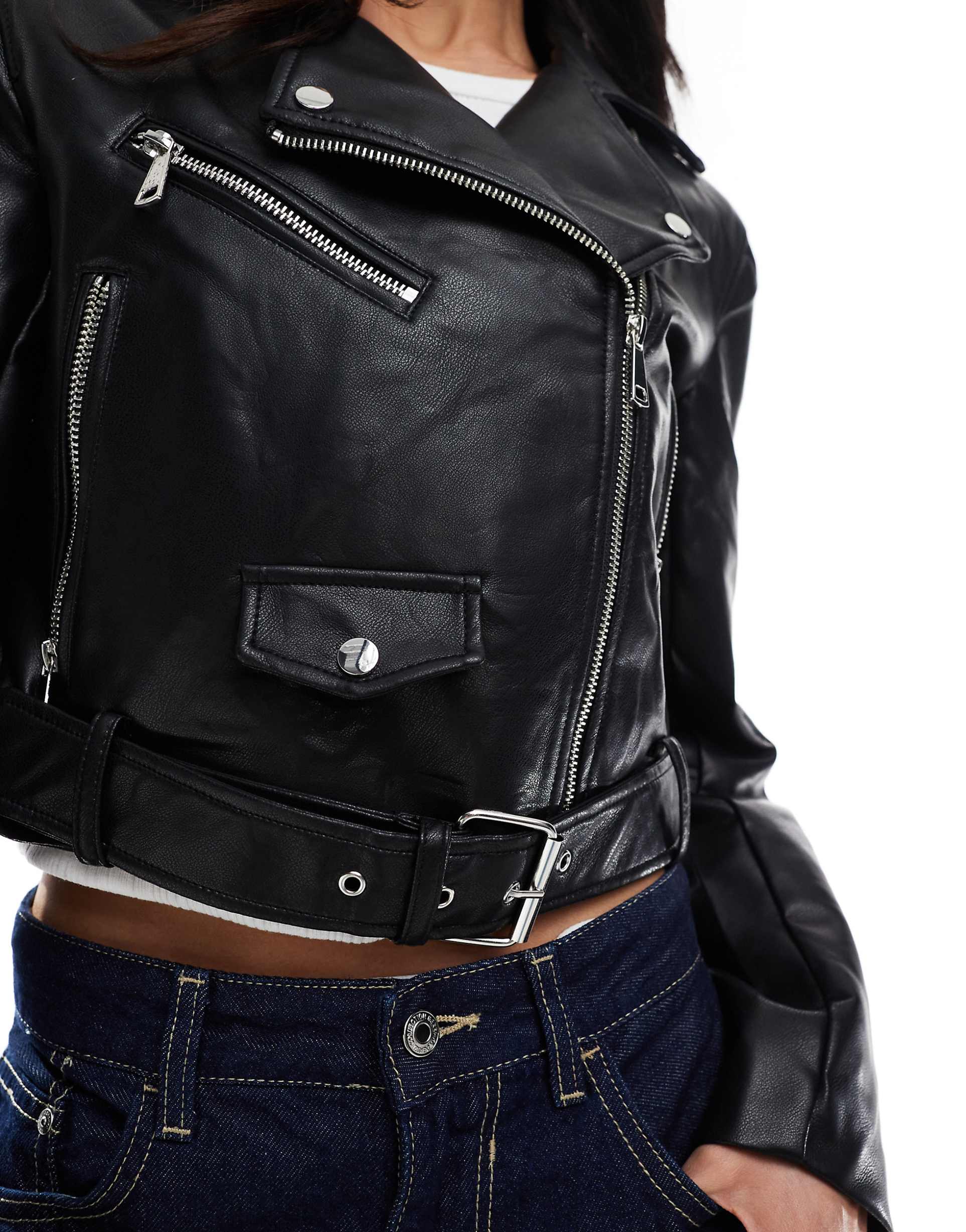 Women's Belted Hem Faux Leather Biker