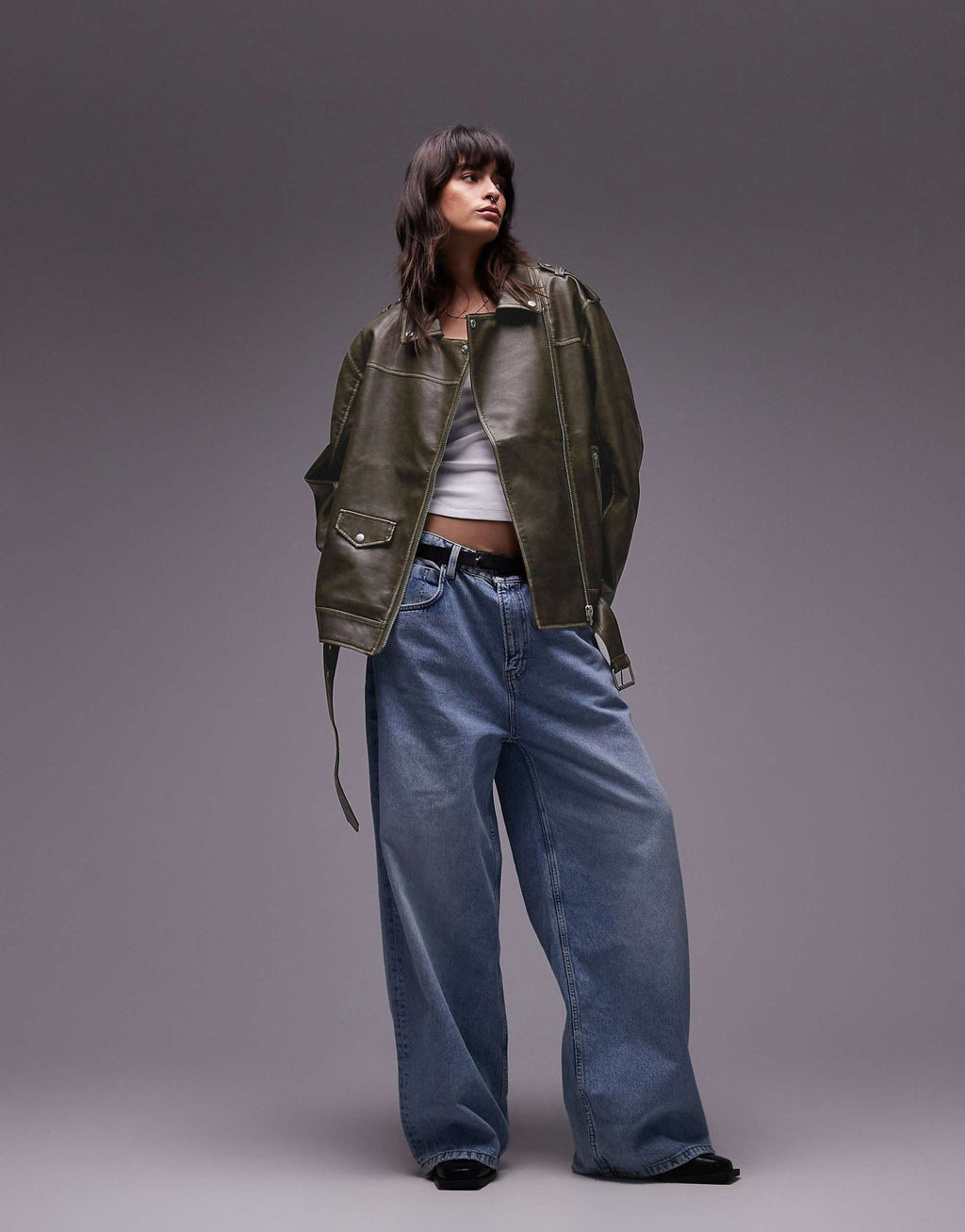 Super-Oversize-Kunstlederjacke mit Gürtelsaum für Damen