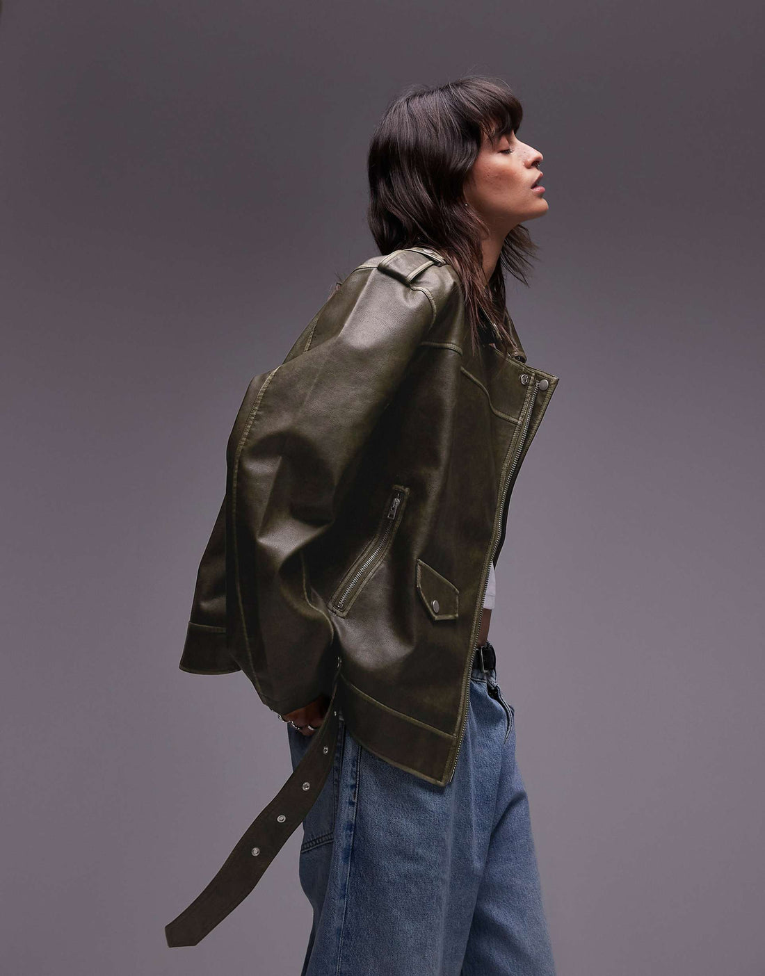 Women's Belted Hem Super Oversized Faux Leather Jacket