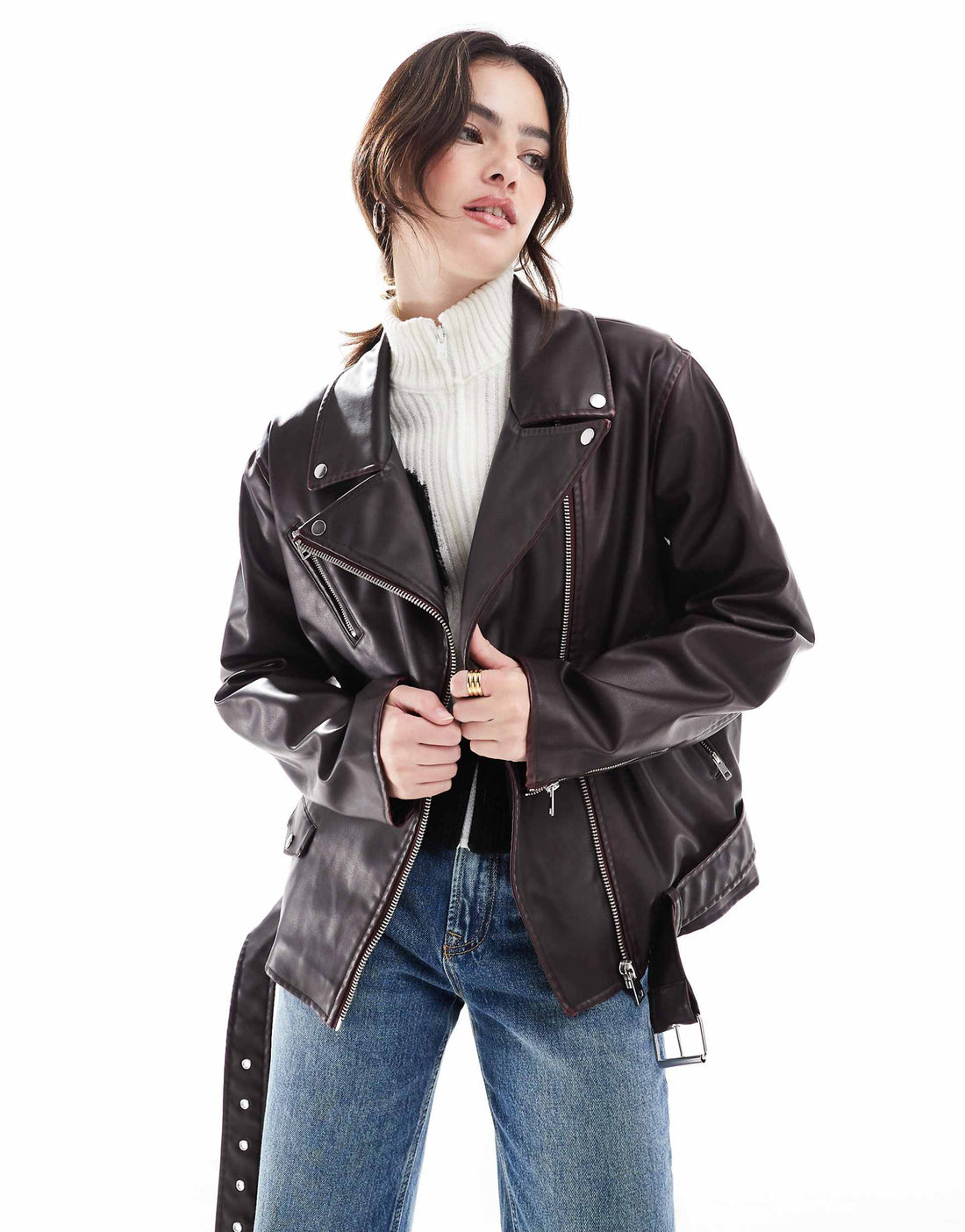 Bikerjacke aus Kunstleder mit Gürtelsaum für Damen