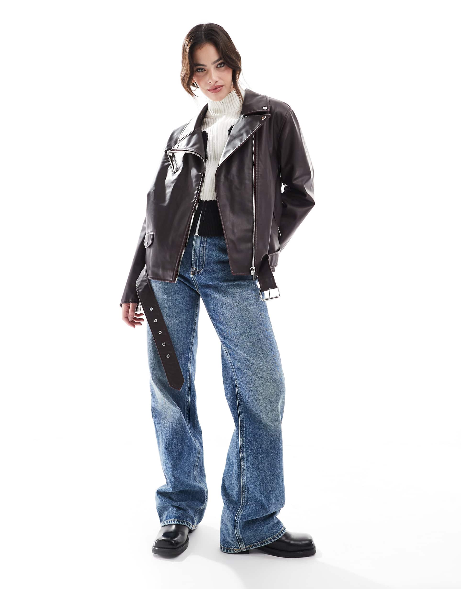 Women's Belted Hem faux leather biker jacket