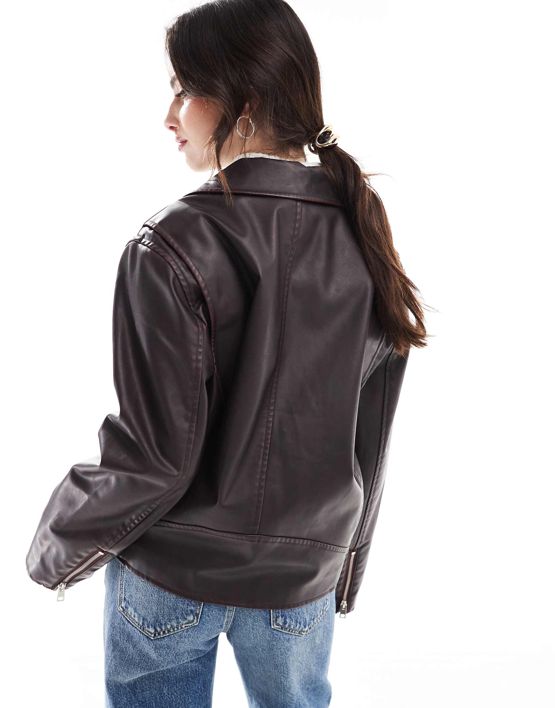Women's Belted Hem faux leather biker jacket