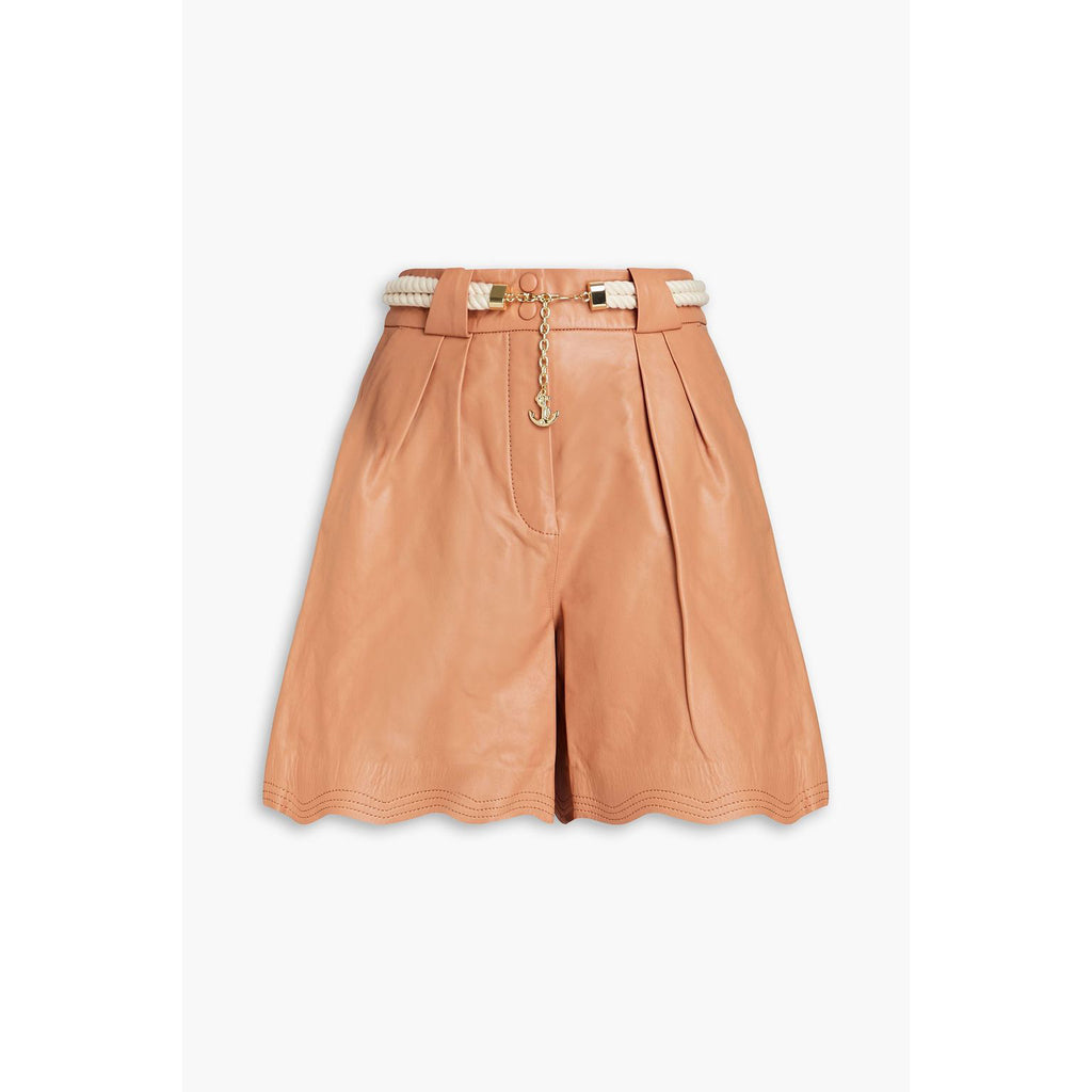 Women's Belted Scalloped Leather Shorts