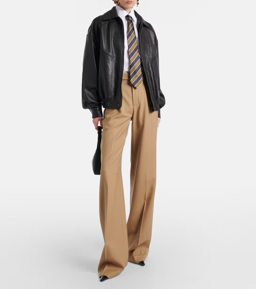 Women's Big Pockets Aviator Bomber Leather Jacket