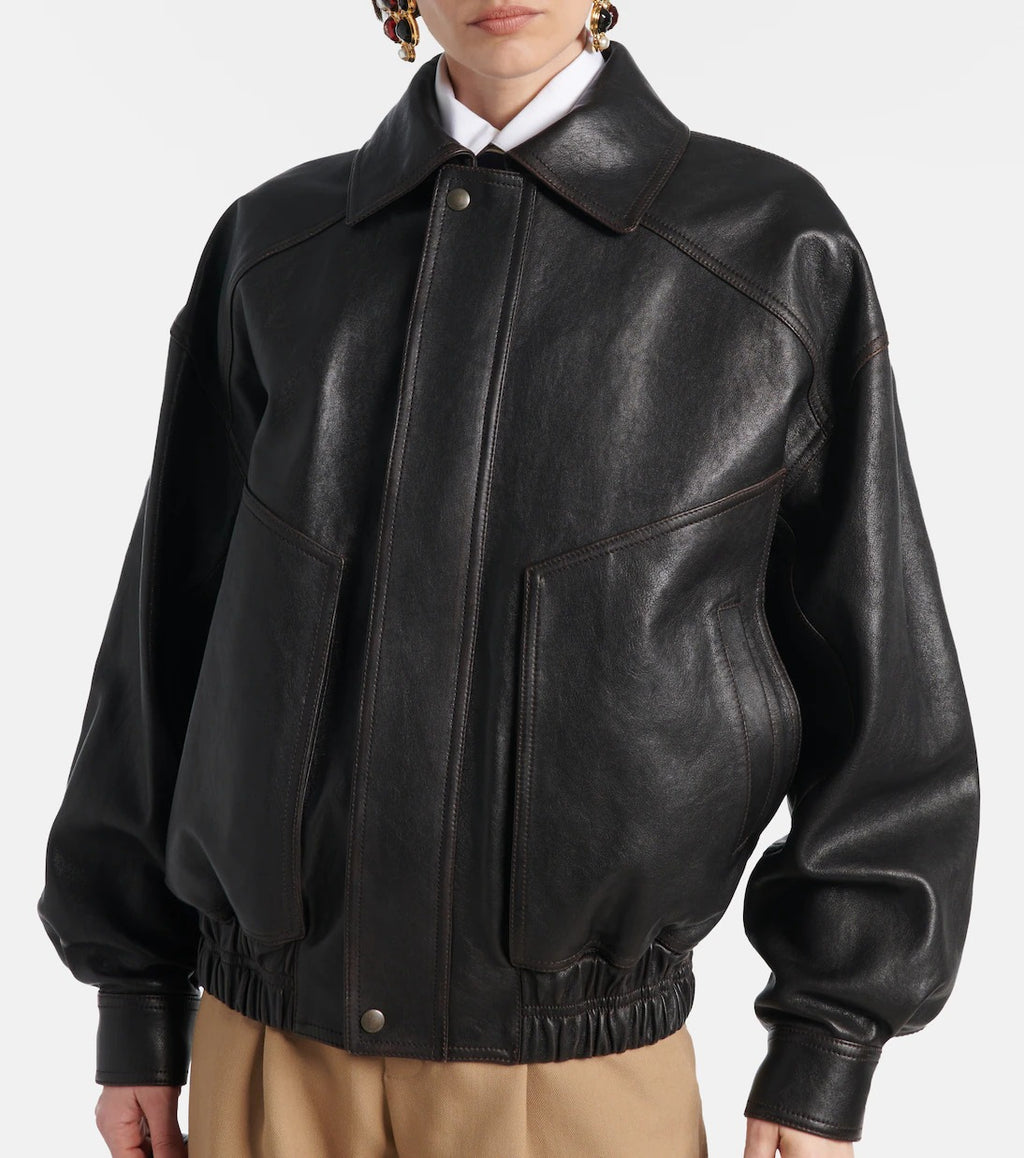 Women's Big Pockets Aviator Bomber Leather Jacket