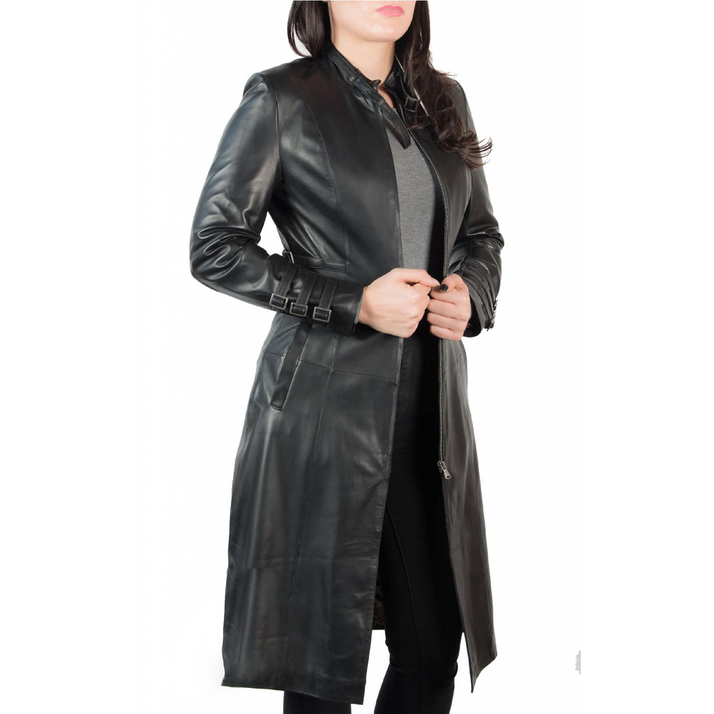 Women's Black 7/8th length Leather Trench Coat