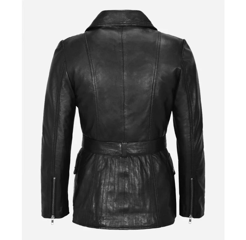 Women's Black ANGELINE Mid Length Leather Short Trench Coat