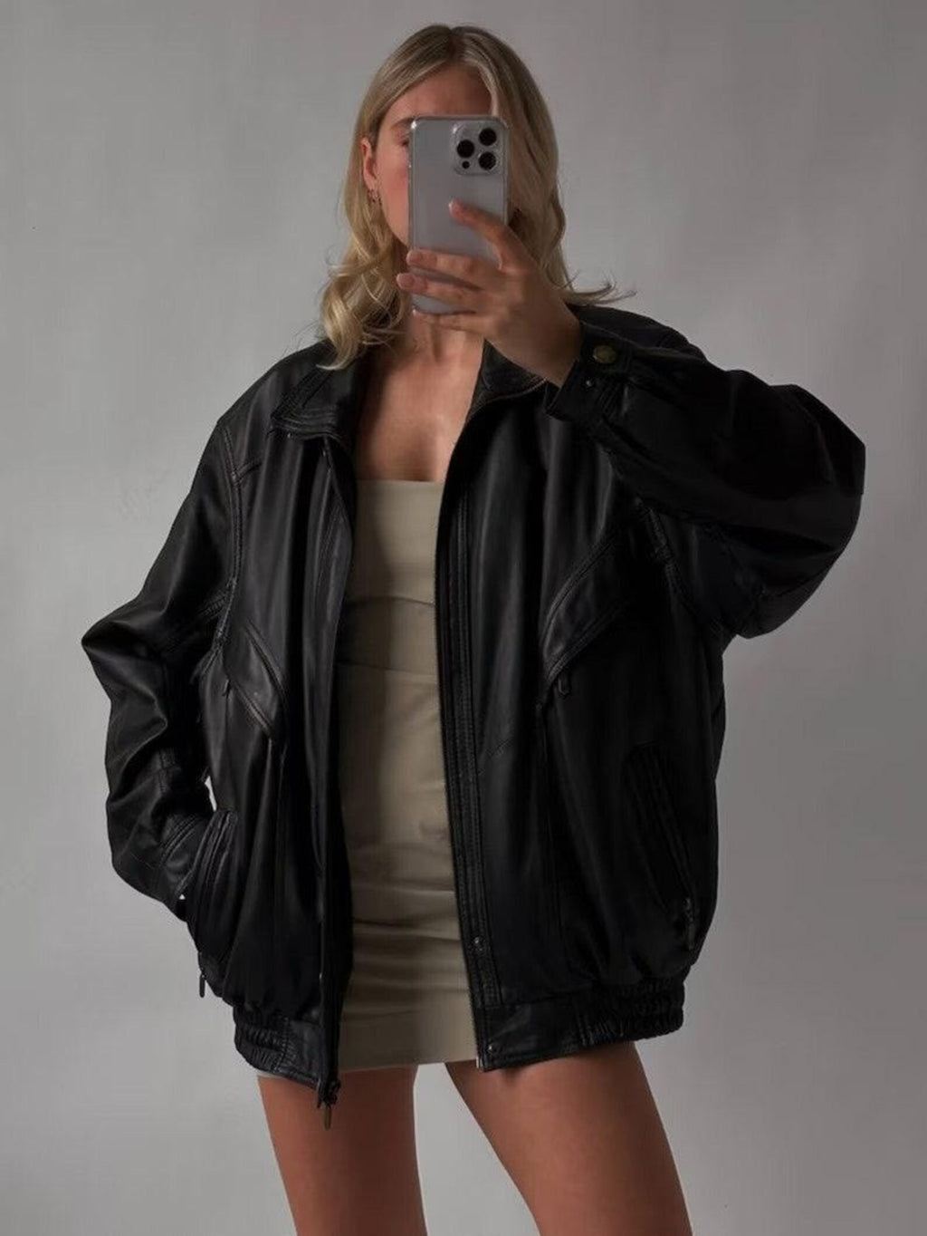 Women's Black Adjustable Cuffs And Hems Oversized Leather Jacket