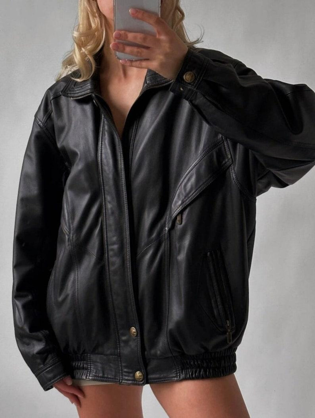 Women's Black Adjustable Cuffs And Hems Oversized Leather Jacket