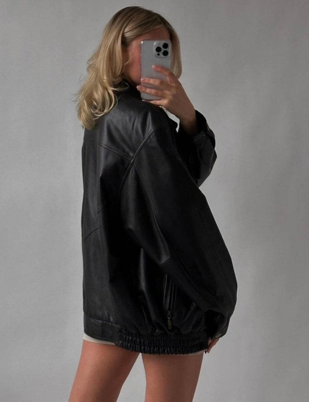 Women's Black Adjustable Cuffs And Hems Oversized Leather Jacket