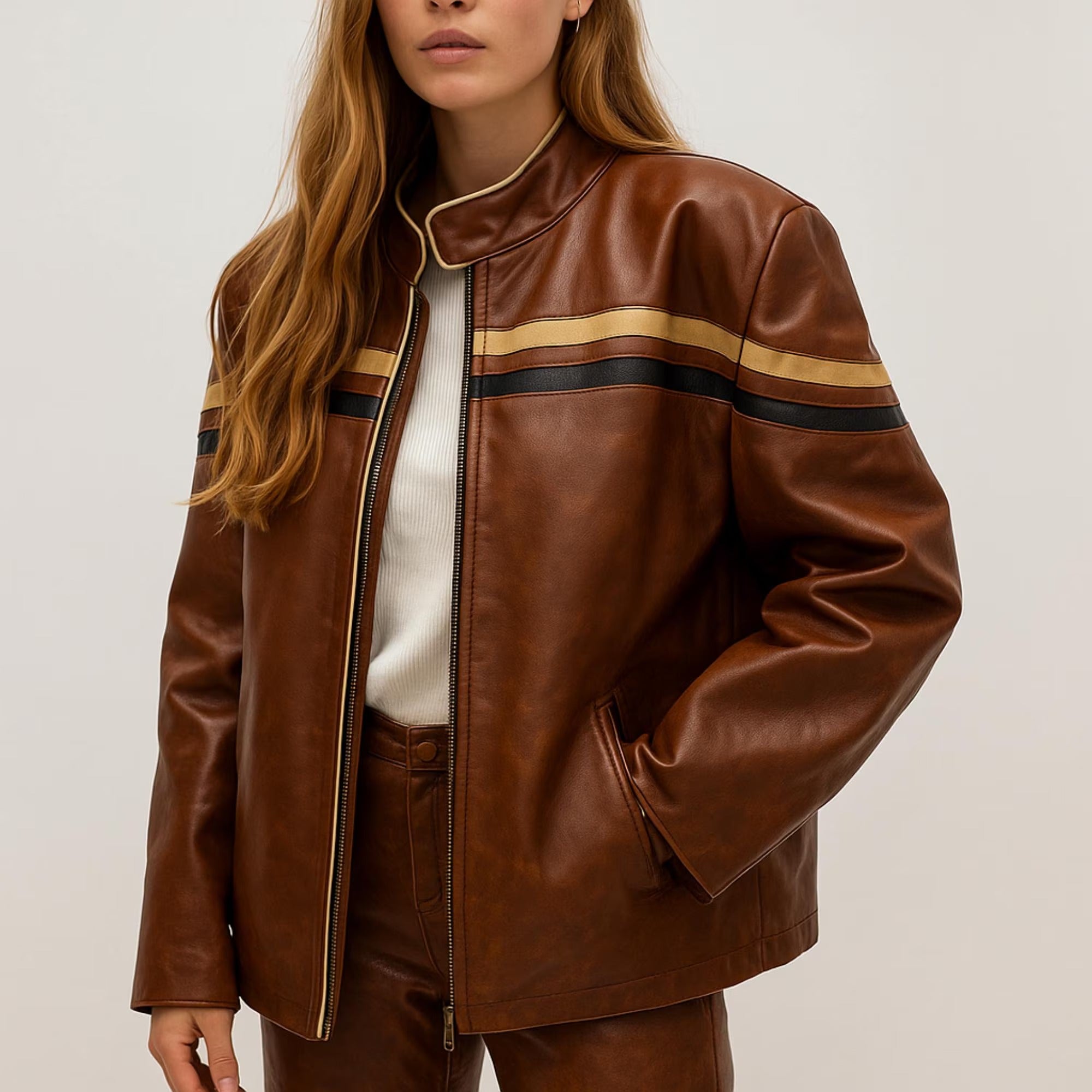 Women’s Black And Tan Stripped Chest And Sleeves Oversized Leather Jacket