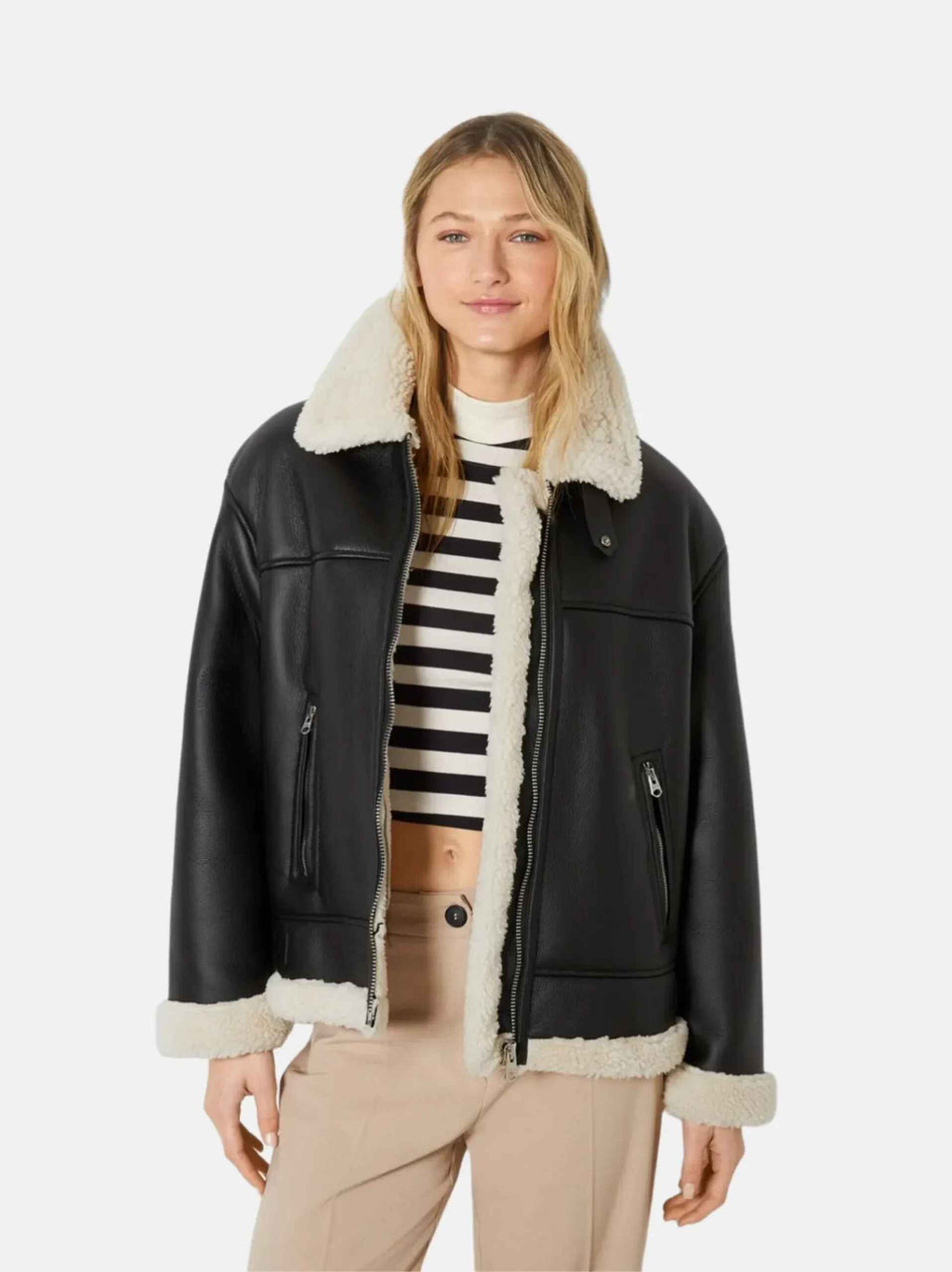 Women’s Black Ave Collared Sheepskin Shearling Leather Jacket