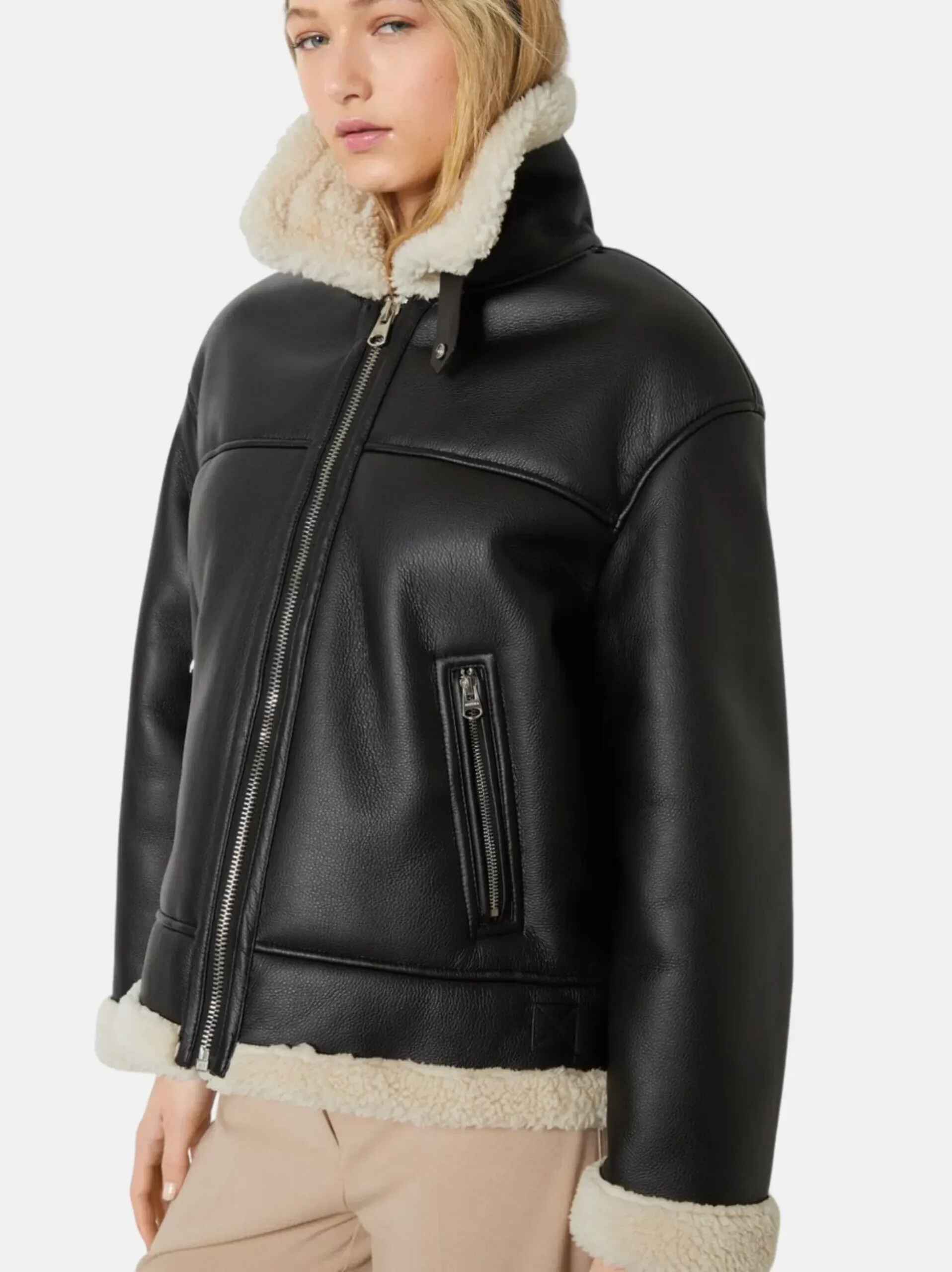Women’s Black Ave Collared Sheepskin Shearling Leather Jacket