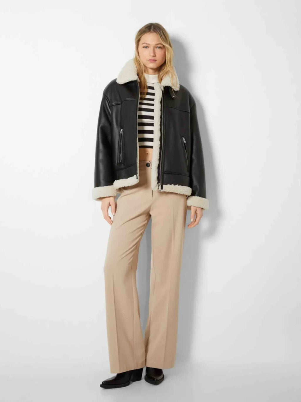 Women’s Black Ave Collared Sheepskin Shearling Leather Jacket