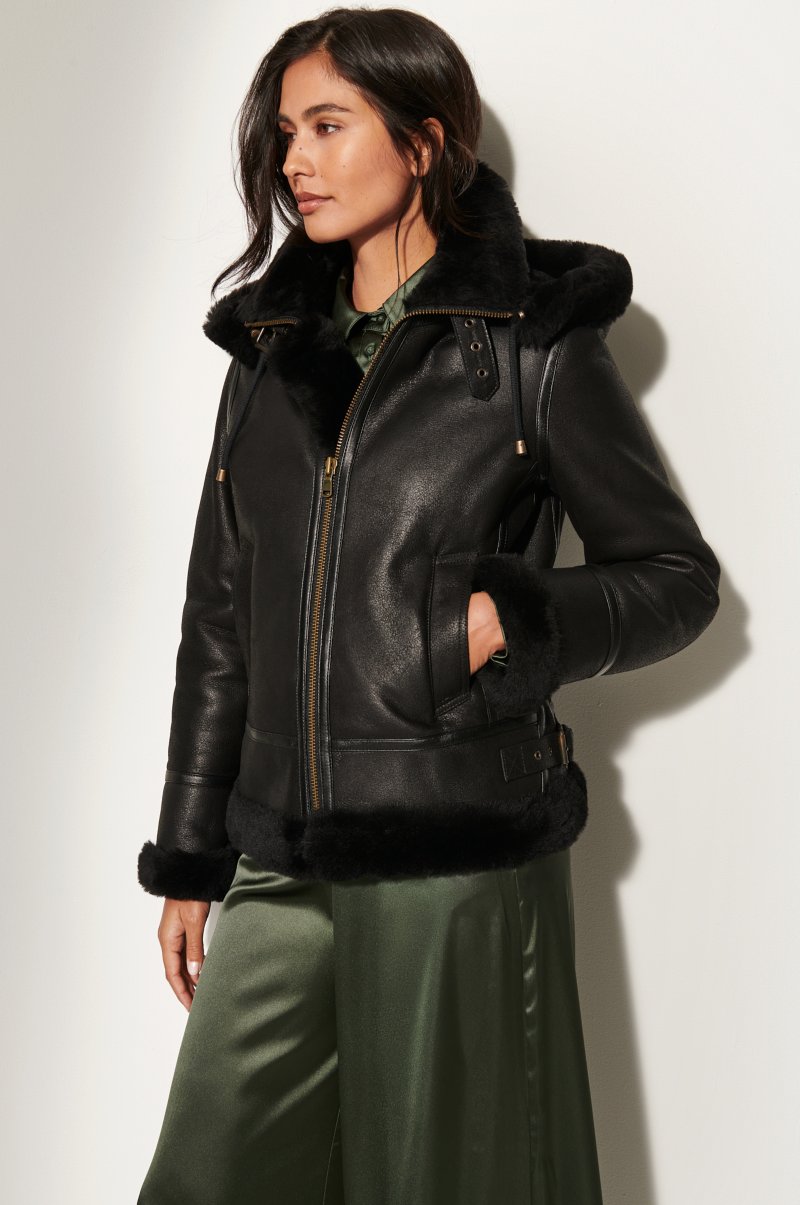Women's Black B-3 Bomber Sheepskin Fur & Shearling Jacket