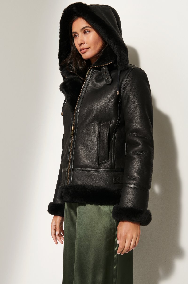 Women's Black B-3 Bomber Sheepskin Fur & Shearling Jacket