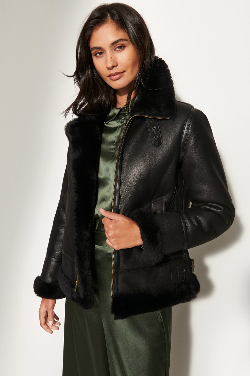 Women's Black B-3 Bomber Sheepskin Fur & Shearling Jacket
