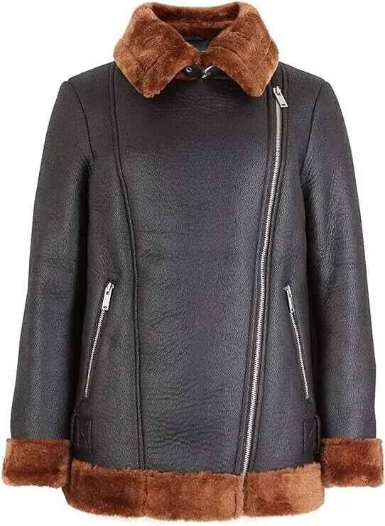 Women's Black B3 Flying Real fur Sheepskin Shearling Leather Jacket