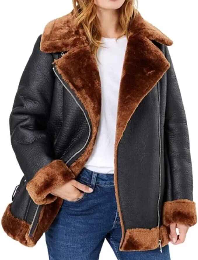 Women's Black B3 Flying Real fur Sheepskin Shearling Leather Jacket