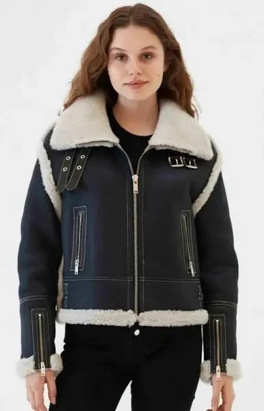 Women's Black B3 Fur Collar Shearling Leather Jacket