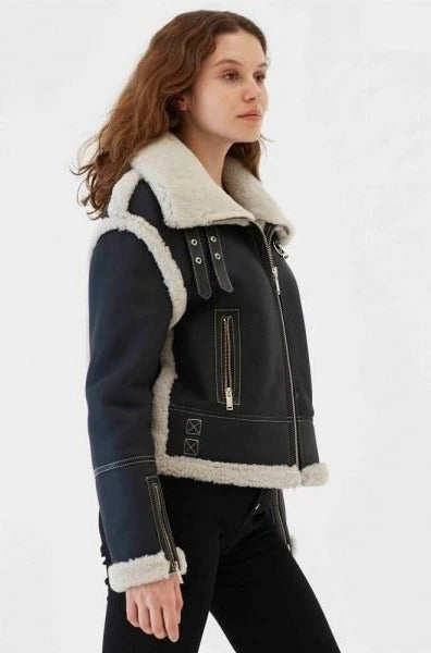 Women's Black B3 Fur Collar Shearling Leather Jacket