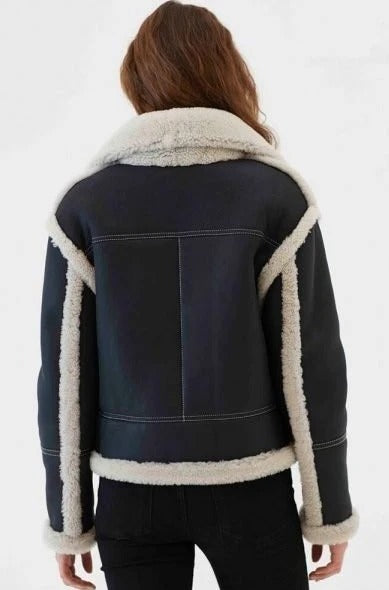 Women's Black B3 Fur Collar Shearling Leather Jacket