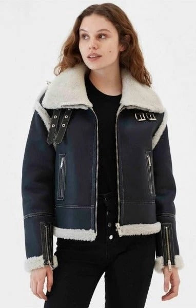 Schwarze B3-Lederjacke mit Pelzkragen und Lammfell für Damen