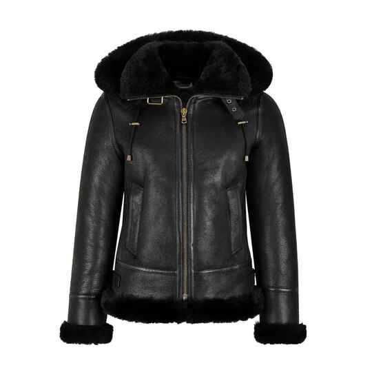 Women's Black B3 Hooded Shearling Leather Jacket
