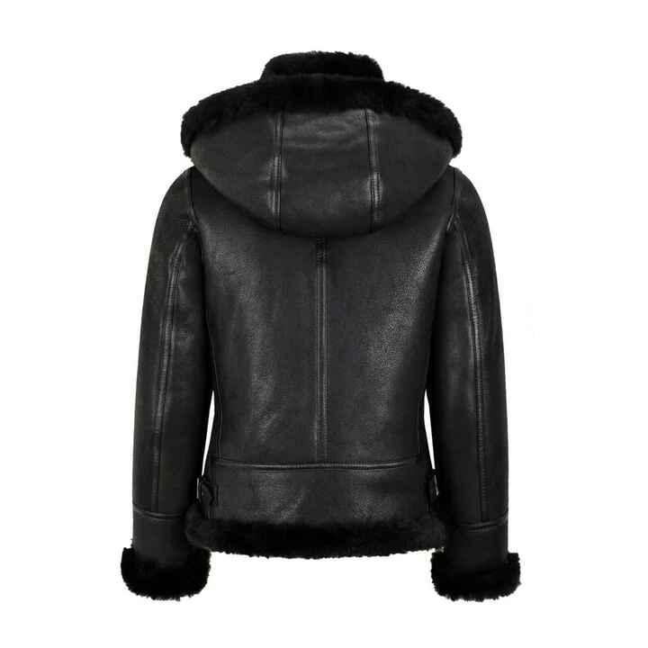 Women's Black B3 Hooded Shearling Leather Jacket
