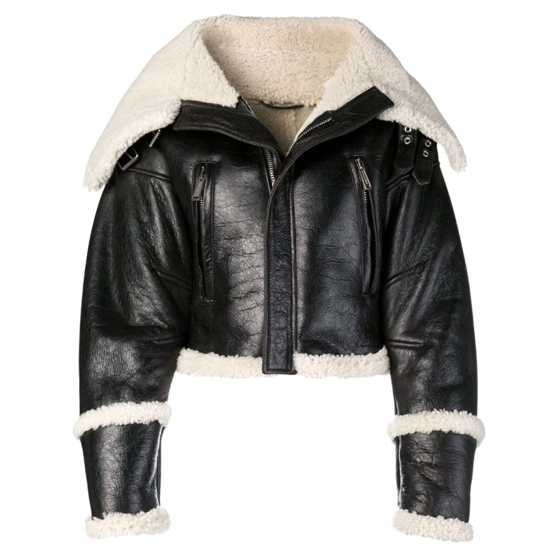 Schwarze Damen-Lederjacke „B3“ mit übergroßem Kragen und Lammfell