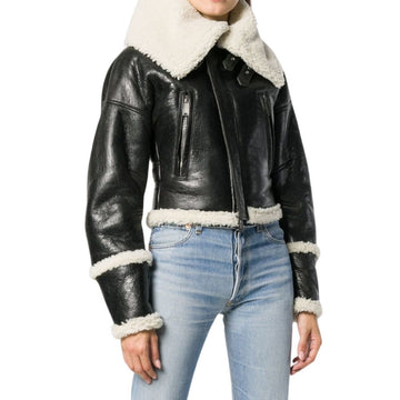 Schwarze Damen-Lederjacke „B3“ mit übergroßem Kragen und Lammfell