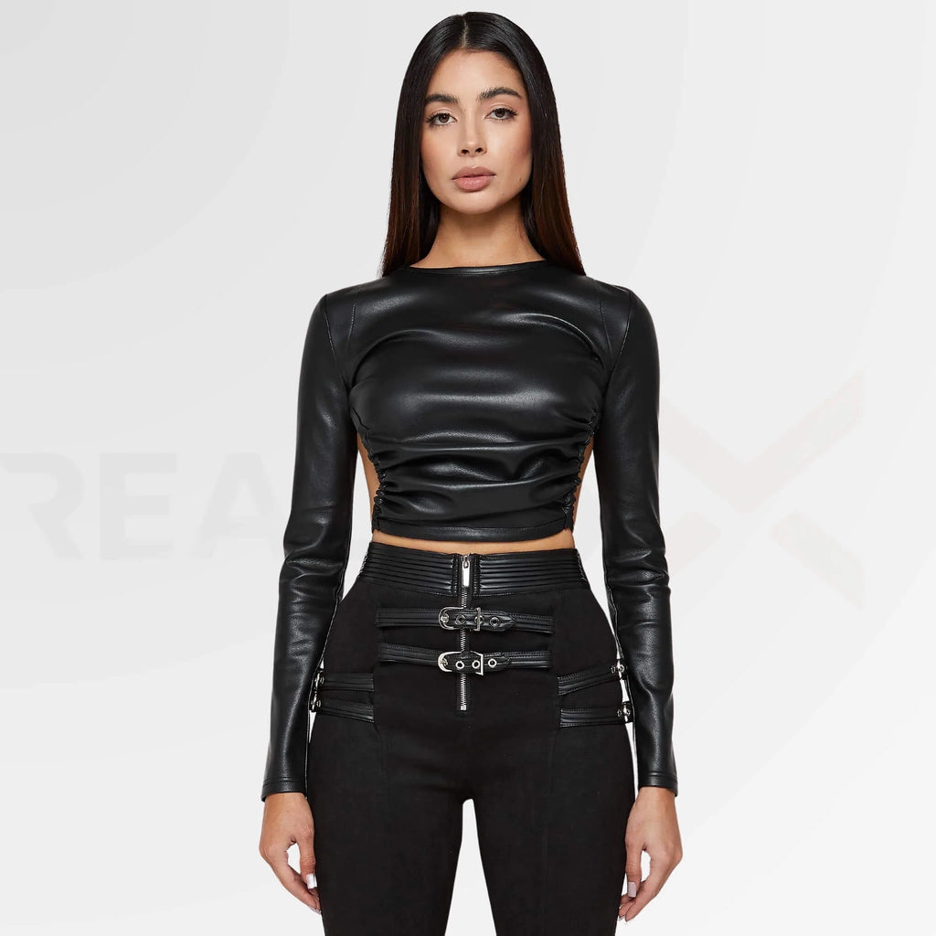 Women's Black Backless Genuine Leather Top