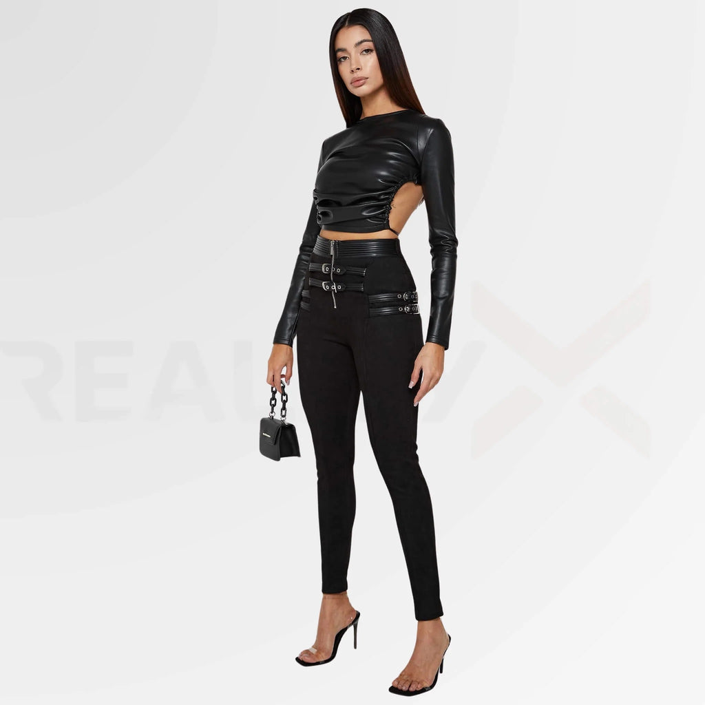 Women's Black Backless Genuine Leather Top